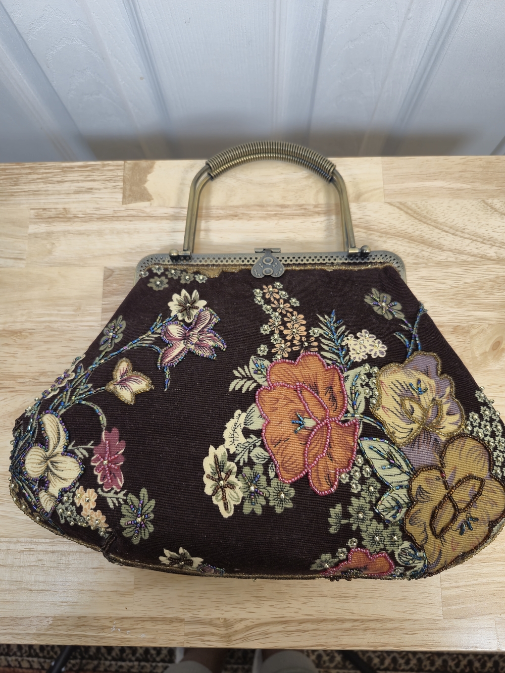 Vintage Beaded Floral Tapestry Frame Bag Whimsigoth Cottagecore Kiss Lock Purse - Picture 3 of 6